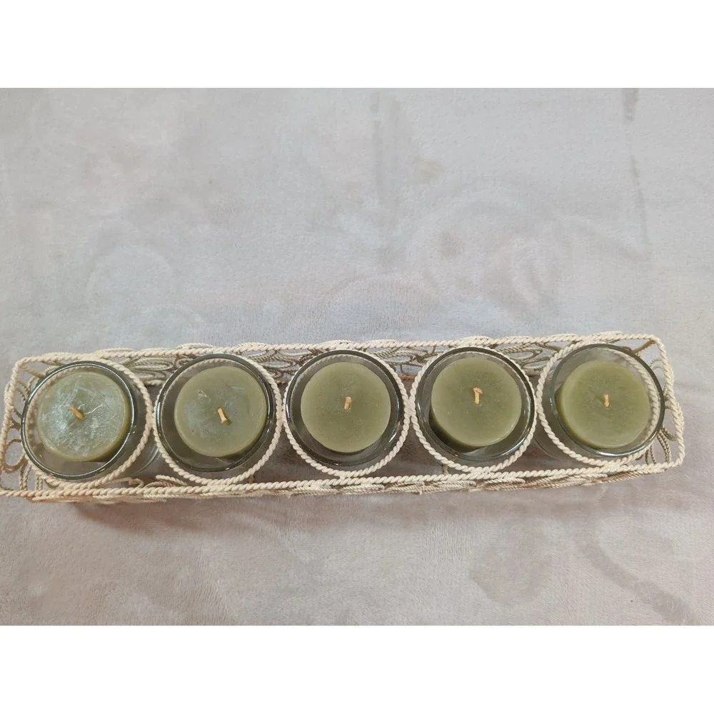 Pier 1 Imports 5 Votive Candle Set Floral Metal Holder Cream Green‎ Boho Decor